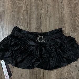 ROMWE Black Faux Leather Ruffle Mini Skirt with Buckle